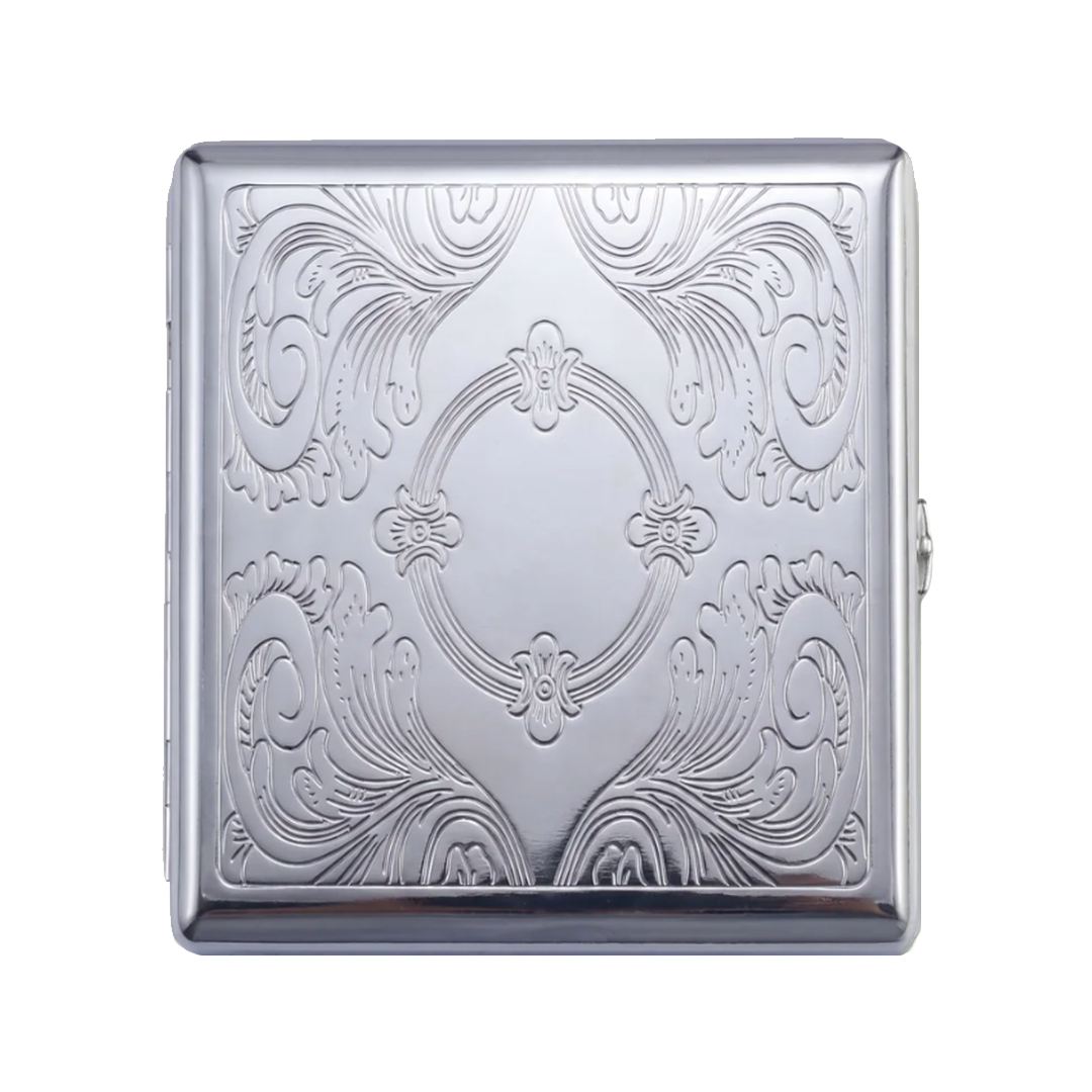 A square silver metal case with an ornate embossed floral and scroll pattern, shown closed on a plain white background.
